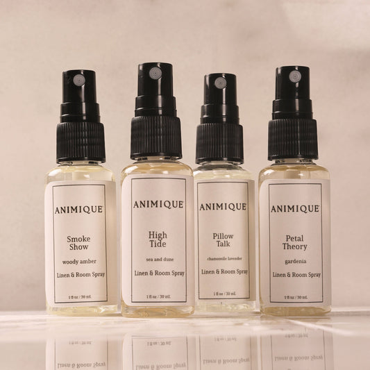 Discovery Set room and linen spray by Animique — pet-safe home fragrance. Four bottles